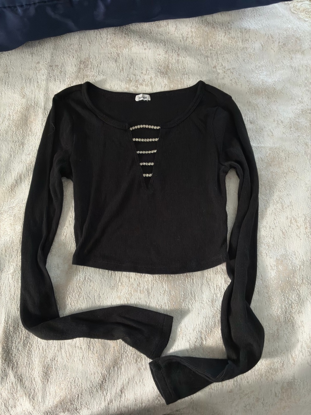 Garage Black Long-Sleeve Ribbed Crop Top with Ladder Accent